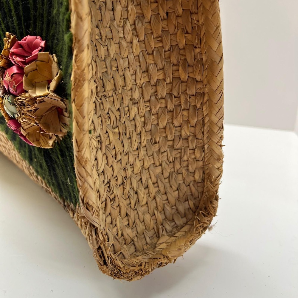 Vintage Woven Straw Tote Bag Floral 3D Raffia Embroidery Boho Beach Large Tan - Picture 7 of 16